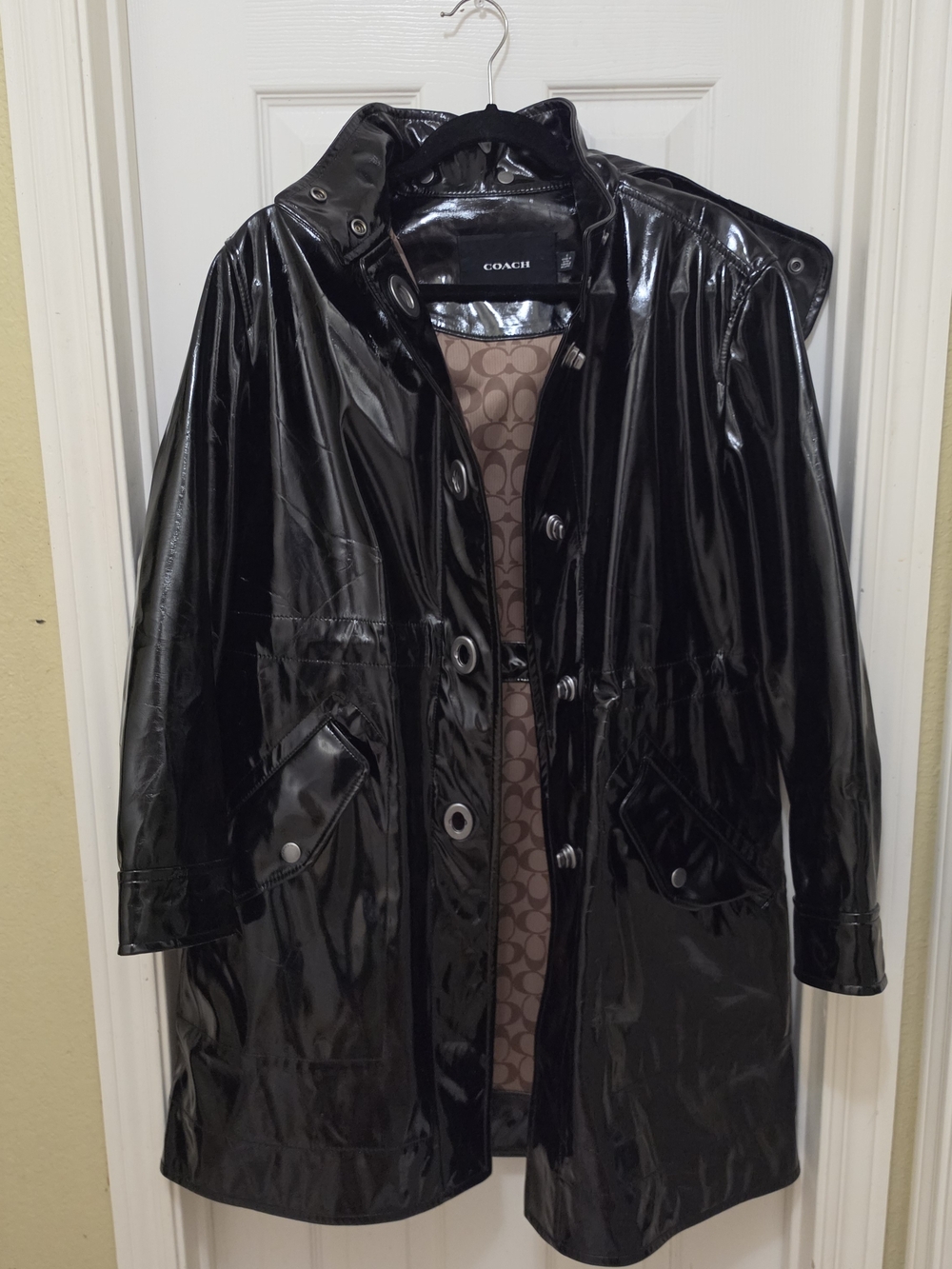 Coach Black Patent Leather Jacket with Logo Tag